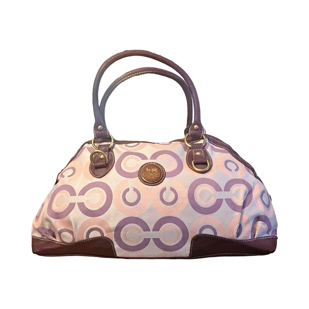 Coach Optic Signature Satchel Handbag Purple Pink Jacquard Leather Trim
